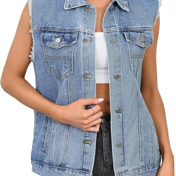Womens Sleeveless Denim Vest Classic Button Down Jean Jackets with Pockets - Picture 2 of 6